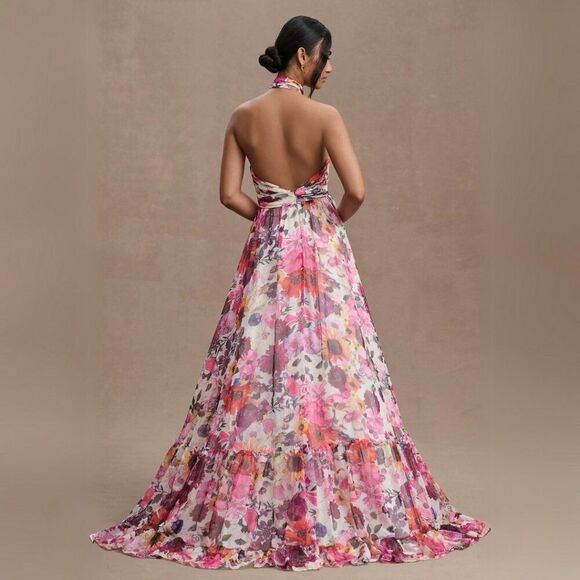 Mac Duggal Size 14 Pink Purple Multicolor Ruffled Halter Floral Gown Maxi Dress - Picture 5 of 6